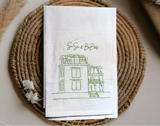 Hand-embroidered personalized tea towel with custom design