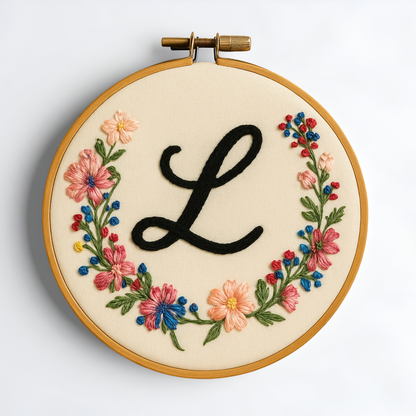 Hand-embroidered personalized embroidery hoop displayed as home decor