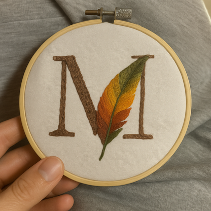 Close-up of hand-embroidered personalized name on embroidery hoop